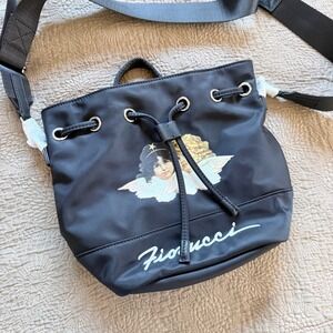 Fiorucci Y2K Black Cherub Print Drawstring Bucket Bag Crossbody Strap